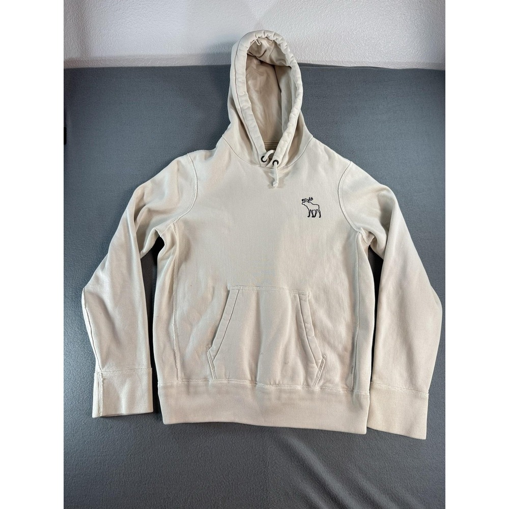 VTG Abercrombie & Fitch Hoodie Mens L Beige Fleece Pullover Kangaroo Pocket